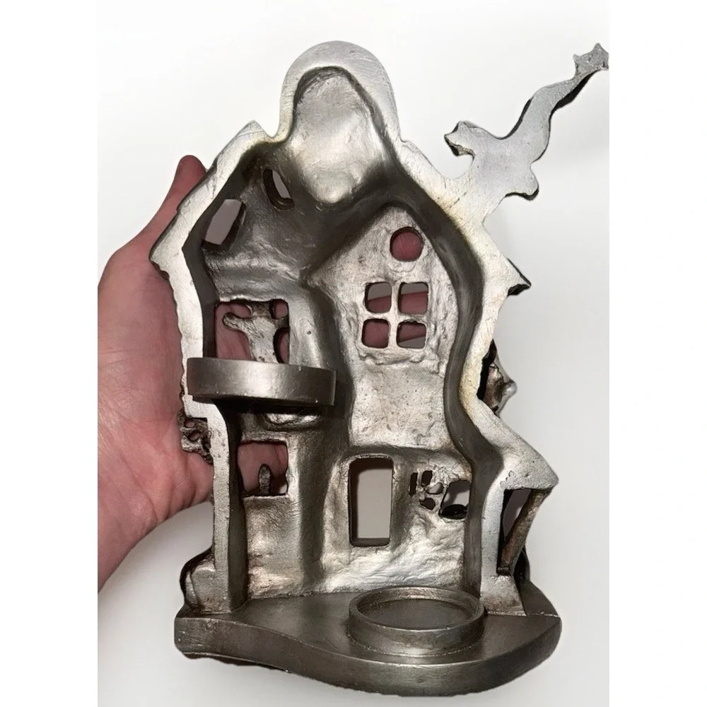 Silver Cast Metal Haunted House Tea Light Holder Halloween Ghost Pumpkin Decor